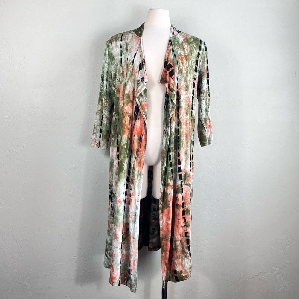 Boho Hippie Tie Dye Watercolor Open Front Longline Hooded Coin 1904 Cardigan